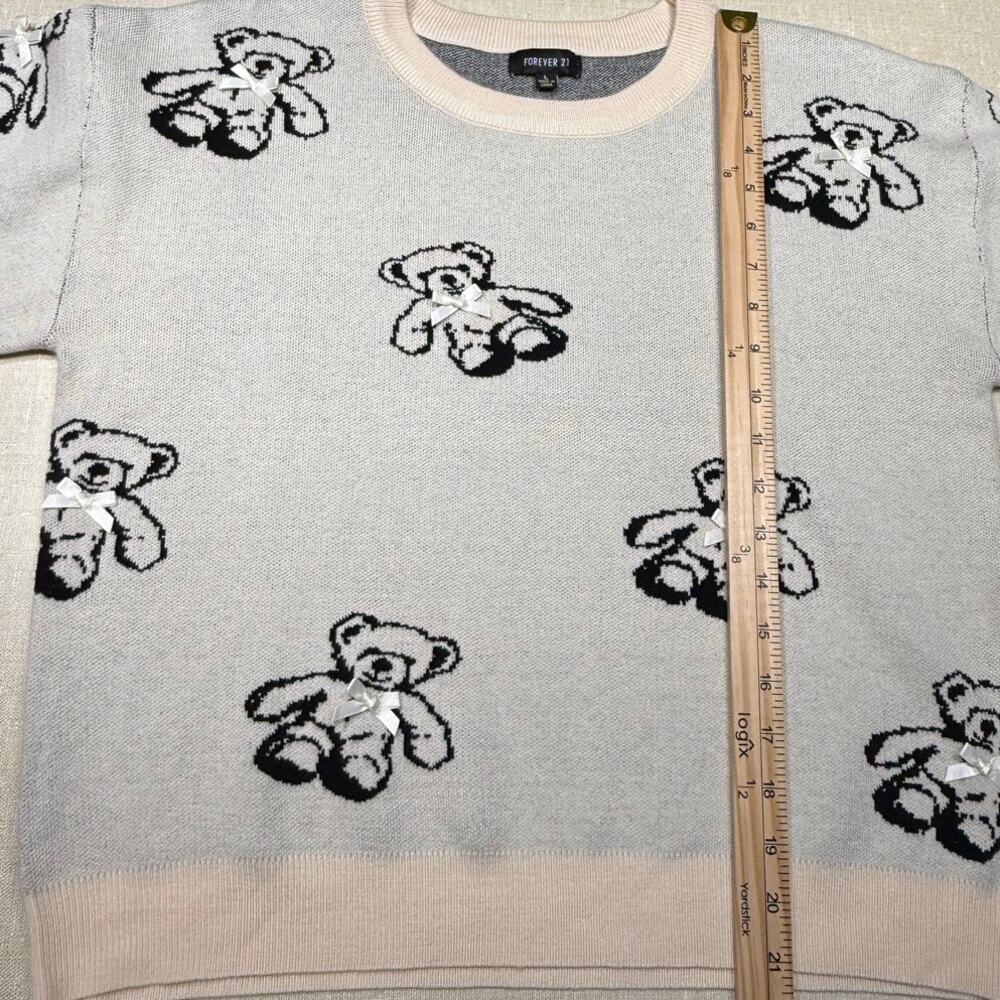 Forever 21 Teddy Bear Bow Intarsia Knit Sweater Cream Black Size Large - Picture 7 of 9